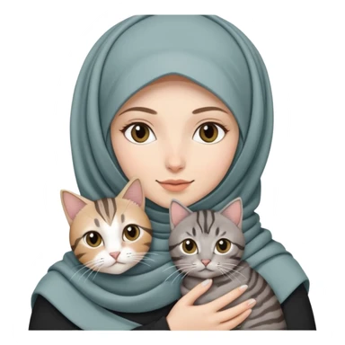 White girl wearing hijab holding a black and grey tabby cat sticker