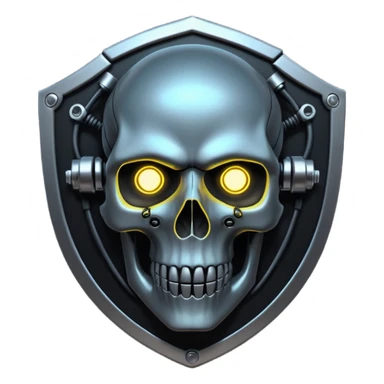 Cyberpunk shield, skull with cybernetic implants, glowing wires, dark electric silver and black tones, no background sticker