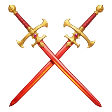 Two crossed swords that are golden in blade and handle and have fiery and royal appearence to them as well as red gem stones sticker