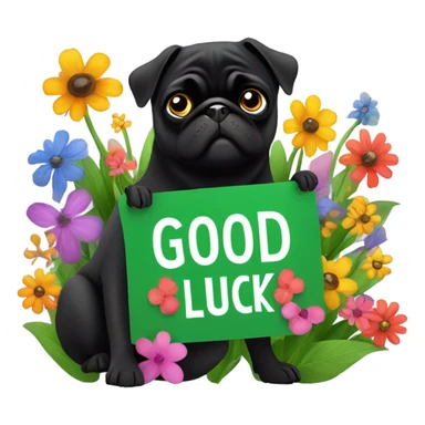 Black pug , surrounded by flowers, holding a green sign that says “good luck”  sticker