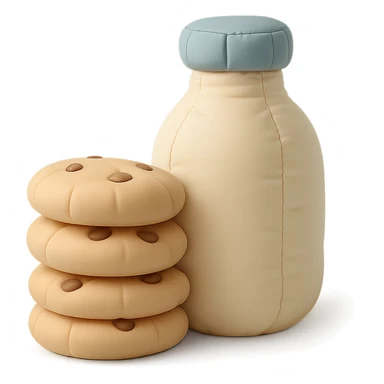 a cushion style stack of cookies next to a bottle of milk, cozy and rounded, pastel colors sticker
