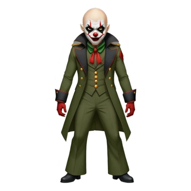 evil clown, bald, small black satan horns on forehead, fangs, pointed ears, eye patch over one eye, long coat over black and military green leisure suit with bellbottom pants, realistically proportioned, less bulky, full body, battle-ready fighting posture sticker