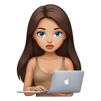 Glamours tanned very beautiful girl with big pump peach lips and dark chocolate straight smooth silky long hair, blue eyes in brown/beige bodysuit with MacBook sticker