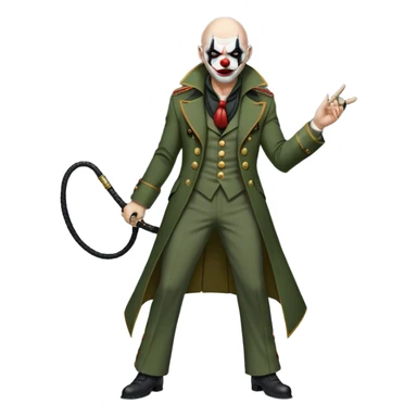 evil clown, bald, black horns on forehead, fangs, pointed ears, eye patch over one eye, long coat over black and military green leisure suit with bellbottom pants, tail, holding a different style of whip, realistically proportioned, less bulky, full body, battle-ready, fighting posture sticker