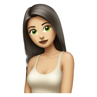 beautiful girl with long straight shiny dark brown hair, big green eyes and big pale pink lips. Wearing a cream tank top sticker