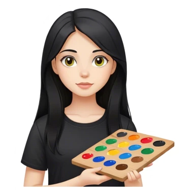 A girl with long black hair and hazel eyes holding a paint palette wearing black shirt  sticker