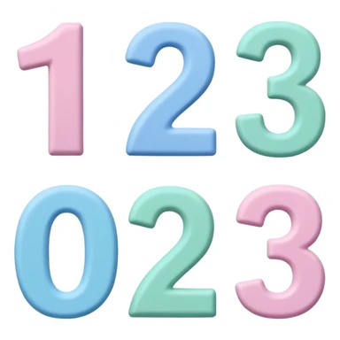 Numbers 1, 2, 3 in pastel colors (pink, blue, green), Pixar-style 3D, hand-drawn texture, soft shadow, transparent background sticker