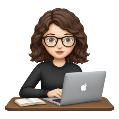 Girl wearing glasses, wavy brunette, studying with macbook sticker