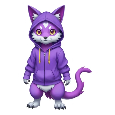 Colorful neon glowing abyssal garurumon-purloin-feline-Fakemon-Digimon-creature wearing a violet hoodie fursona (full body)  sticker