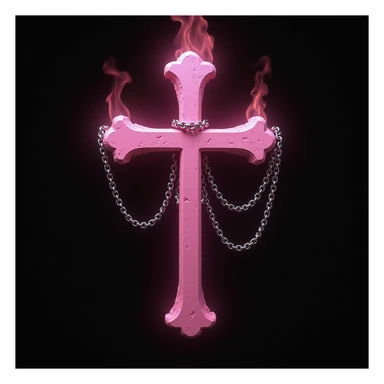 realistic gothic cross, pink with chains and dark flame, photorealistic style, no background sticker