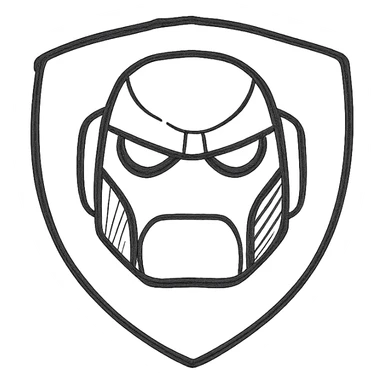 Create a badge symbol featuring the robot's face from the reference image, preserving enough detail for recognizability. Place the face within a badge or shield shape. Use a transparent background. The style is hand drawn icon with no fill, suitable for clear and simple badge design. sticker