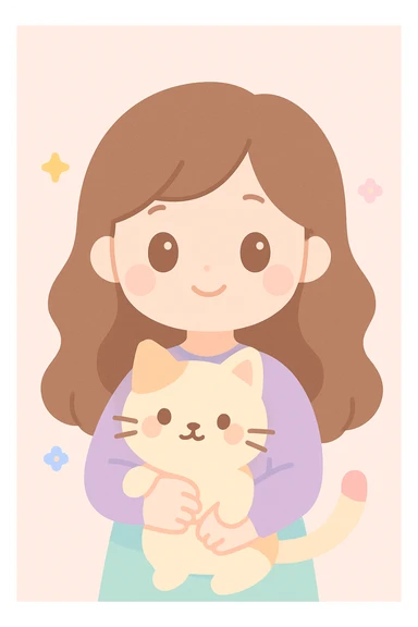 a girl with long wavy brown hair and brown eyes holding a cat, friendly and appealing style sticker