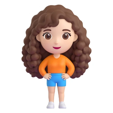 3D cartoon female character with white skin tone, long naturally curly brown hair, playful vibe, Bitmoji-like style, suitable for emoji faces sticker