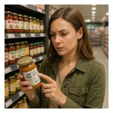 woman checking food labels at supermarket, looking for low sugar products, attentive expression, awareness atmosphere, realistic details, supermarket background sticker
