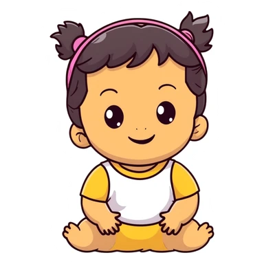 smiling toddler face with big eyes, medium skin tone, dark wavy hair, and a hair band sticker