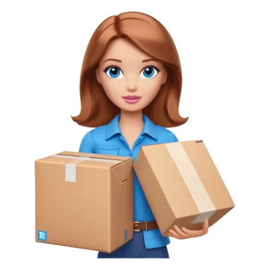 Barbie with shoulder-length reddish-brown hair, blue eyes with makeup, wearing brown clothes , stands with a parcel box sticker