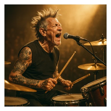 vintage rock drummer aged, singing passionately, spiked hair, tattoos, drum set, spotlight, retro concert vibe sticker
