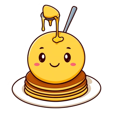 adorable pancakes with butter on top and maple syrup dripping down, smiling face sticker