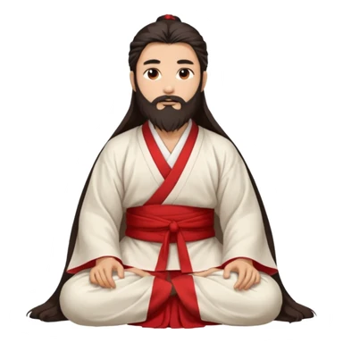 Beautiful man with lightly tan skin and dark long beard, long hair, in white and red Hanfu sitting on the ground sticker