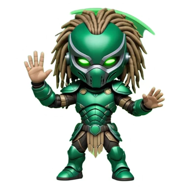 Cute chibi-style Predator character sitting down, wearing full armor with mask and dreadlocks, waving with one hand, dark sci-fi background, glowing neon circle behind, 3D toy style, soft lighting, detailed textures, cartoonish but intimidating look, high-resolution sticker format sticker