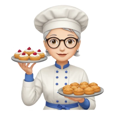 Older female pastry chef – round glasses, oven mitts on, holding a tray of pastries.

 sticker