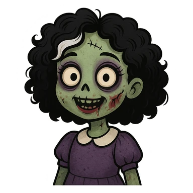 cute zombie girl with black curly hair and a white streak, creepy face, makeup on sticker