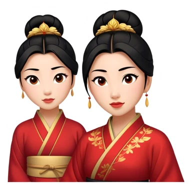 Cinematic Elegant Mulan Portrait Emoji, rendered in a flat, vector-style with minimal shading and bold, simplified shapes. Depict Mulan (chest and above) with warm, light-toned skin, almond-shaped eyes, and sleek black hair styled in a traditional bun. She wears a modest, traditional robe with subtle red and gold accents, glowing with a soft, refined radiance and high shine, capturing timeless beauty and inner strength. sticker