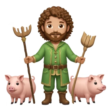 happy young shepard with long curly brown beard and long curly brown hair, in green magical outfit, with wooden shepard stick in hands, taking care of pigs sticker