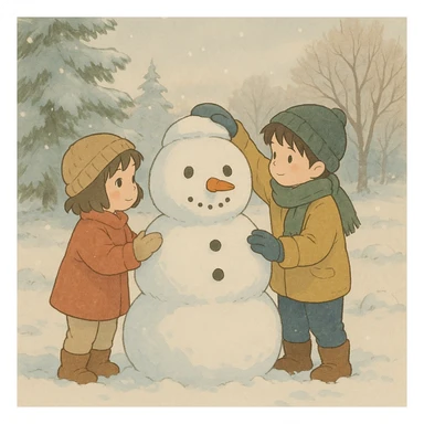 ghibli style kids building a snowman, soft colors, gentle winter scene sticker