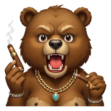 an angry wild bear with sharp teeth, a cigar in her mouth and a necklace around her neck sticker