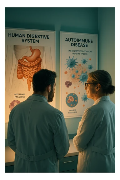 In italiano Realistic, detailed photo taken from behind of two doctors—a bearded man and a middle-aged woman—standing side by side in a modern medical office, intently studying a large, illuminated medical chart on the wall. The chart displays a detailed diagram of the human digestive system, highlighting the intestines and showing microscopic images of intestinal parasites. Next to it, another chart illustrates the immune system attacking healthy tissues, visually connecting gut parasites to autoimmune disease mechanisms. The room is bathed in a single green-blue color, with a warm, yellow-orange light casting soft shadows around the doctors. Both wear white coats and have serious, focused expressions, suggesting a deep discussion about the root causes of autoimmune conditions. Shot with a Canon EOS R5, with high detail, natural depth of field, and a clinical yet dramatic atmosphere. sticker