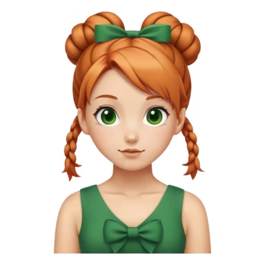 school girl with  1 bunns bow   red blond mix hair  in green dress  sticker
