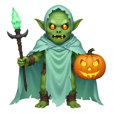 male orc ghost emoji, green skin, tusks, wearing torn white ghost sheet costume, holding glowing jack-o'-lantern, faint blue aura, friendly but spooky expression, Halloween fantasy theme, Apple emoji style, clean white background, square sticker