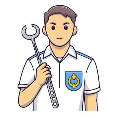 A Ukrainian man in a white embroidered shirt holds a spanner in one hand and scissors in the other sticker