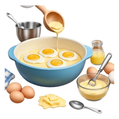 baking preperation with mixing bowl with uncracked eggs and butter sticker