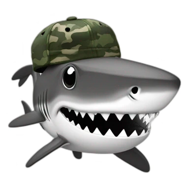 cartoon shark standing with a camouflage cap on its head,black and white sticker