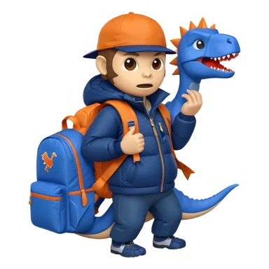 enraged monkey dressed in dark blue puffer jacket, holding blue origami dinosaur rolling backpack, wearing orange cap with Jurassic Park logo, Android emoji inspired sticker