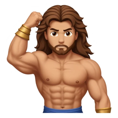 A biblical illustration of Samson, a muscular man with long flowing hair symbolizing his strength. He is depicted about to get a hair cut sticker