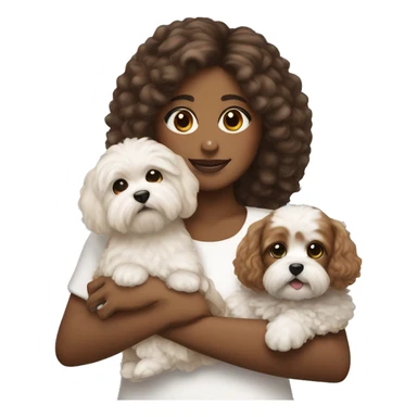 Brown girl holding Maltipoo with white patch sticker