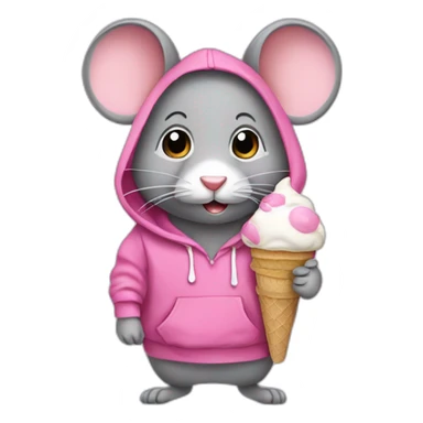 grey mouse wearing a pink hoodie with white ice cream sticker