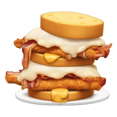 Two fillets of crispy chicken with a slice of cheese, bacon and some sauce in the middle sticker