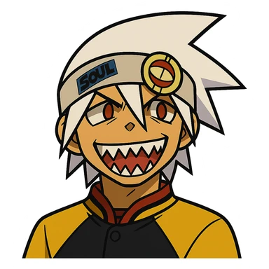 Soul Eater Evans grinning, showing sharp teeth, white spiky hair, headband, anime style, energetic expression sticker