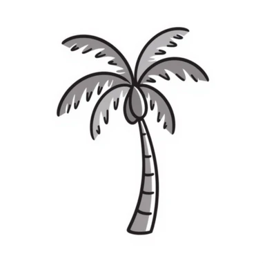 a palm tree with a curved trunk and large fronds, pastel colors dd9fb0, ffc6d3, a3bfc9, c4bee2, f1b091, detailed hand-drawn doodle style sticker