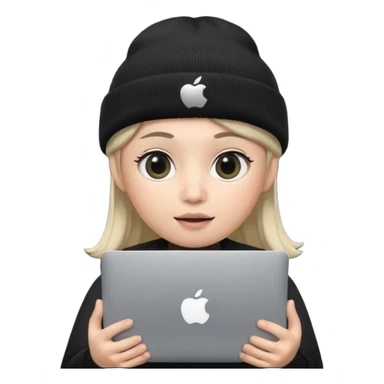 Apple-style Memoji face with big eyes and black beanie, holding silver laptop covering mouth with solid black pear logo (no bite), clean soft lighting, simple round background. sticker