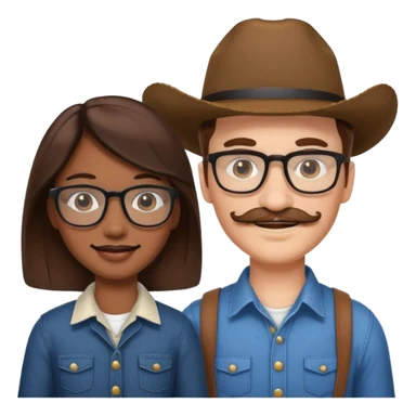 White brown cow boy with glasses and mustache with black girl sticker