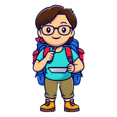 Very cheerful excited woman in her 40s with glasses wearing sporty outfit, hiking boots, and backpack, holding a magnifying glass with big smile sticker