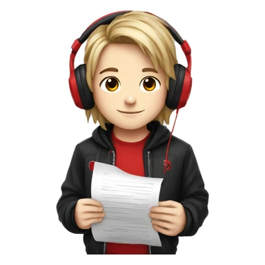 A chibi boy with long hair, in a black jacket with a red T-shirt, wearing marshall major 4 headphones, reads the text from a piece of paper sticker