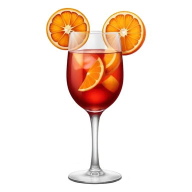 A tall elegant wine glass filled with bright red Campari spritz, with bubbles, an orange slice, and a curled orange peel garnish. sticker