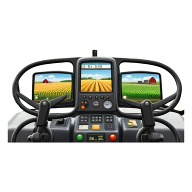 a view from the tractor cabin, with the dashboard in focus, overlooking a vibrant rural landscape. Inspired by Farming Simulator 22, the scene includes fields, crops, and distant barns under a bright sky. The design highlights the immersive experience of farm management. transparent background sticker
