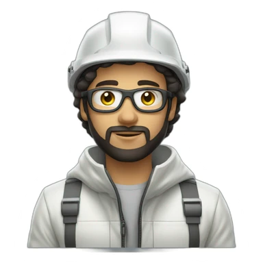 A young Mechanical engineer with a light black beard, a white helmet and a phosphorescent protection jacket sticker